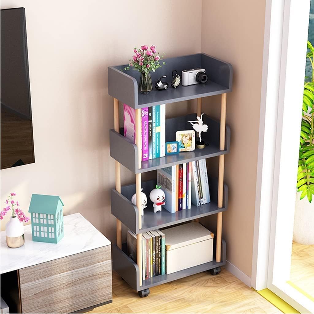 Modern Wooden Bookcase with Universal Wheels - Free Standing Multifunctional Open Bookshelf & Storage Organizer for Home Office, Living Room, and Study.