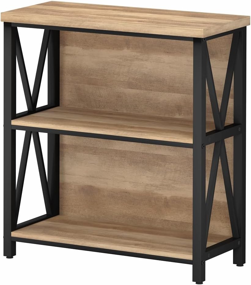 FATORRI Small Bookcase, Wood and Metal Low Short Bookshelf, Industrial Book Case and Rustic Book Shelf for Small Space (Rustic Oak)