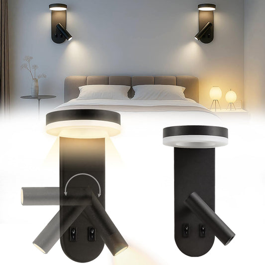 Wall Mounted Reading Lights for Bedroom - Independent Switch, 350° Adjustable Bedside Lamps Set of 2, Hardwired Installation LED Wall Sconces for Living Room, Study Room (Black, 8.65")
