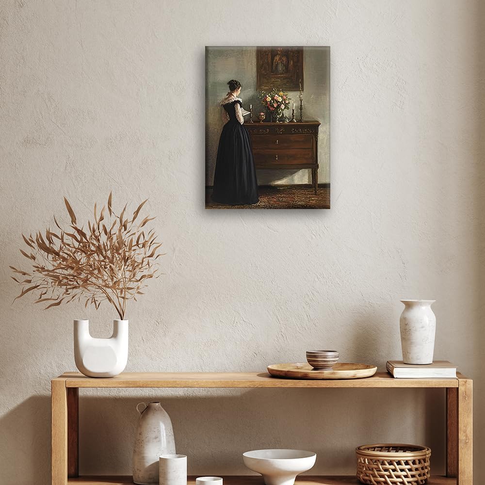 Yxhyenith Wall Art Pictures, Retro Women Painting Prints, Vintage Portrait Canvas Wall Decor for Bedroom Gallery Living Reading Study Room (Candlestick Woman, 12×16Inch, Framed)