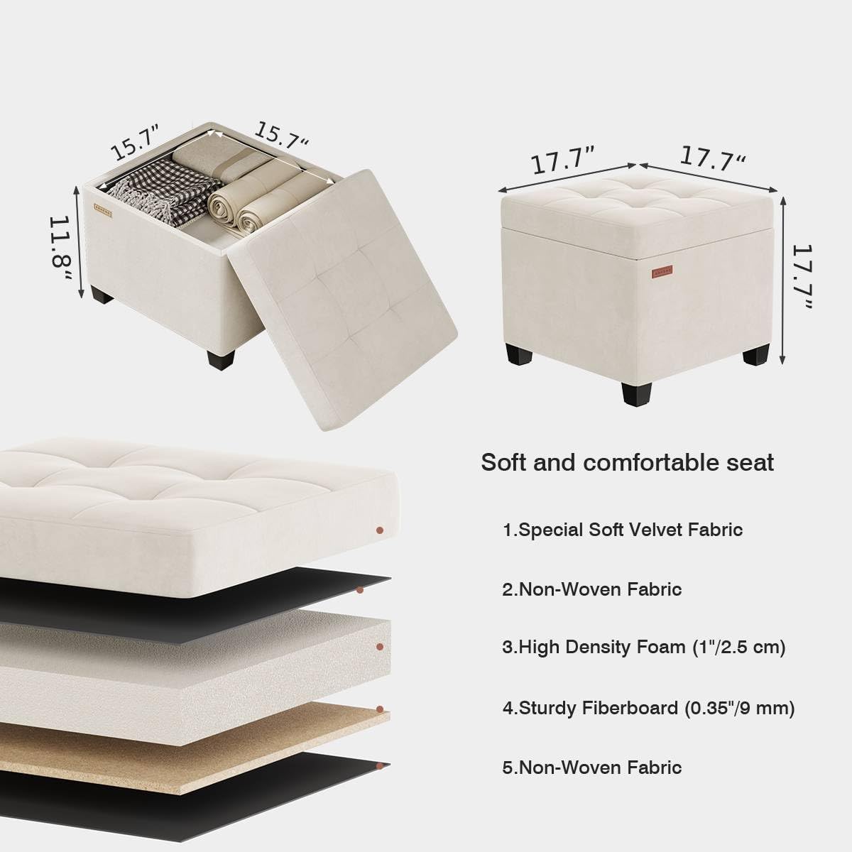 17.7 inches Velvet turfed Ottomans Cube with Legs, Metal-Framed Square Linen Storage Ottoman Foot Rest Stool Holds 770 LB for Dorm Living Room Bedroom White UASND64W