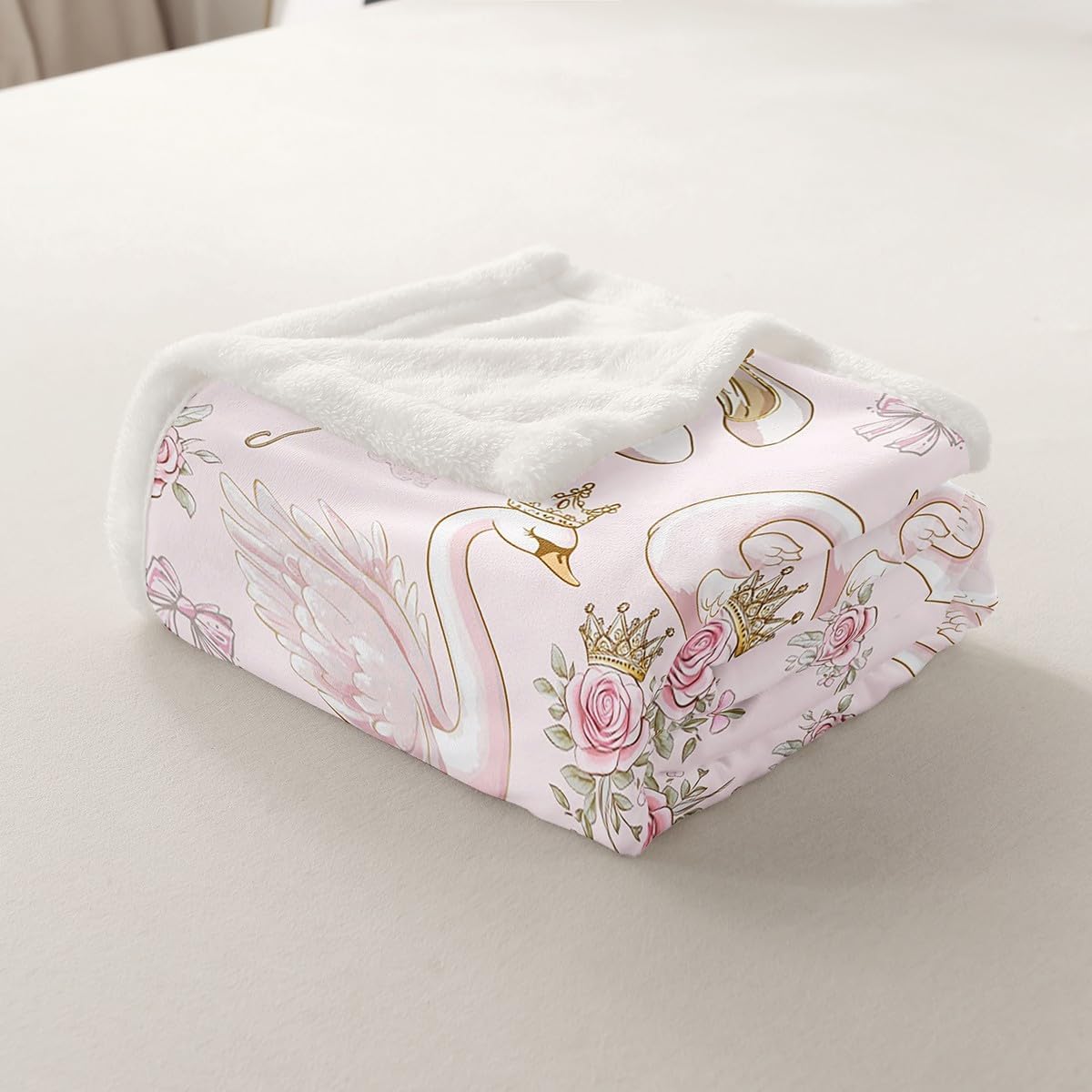 Manfei White Swan Flannel Blanket Swan Lake Ballet Dance Theme Pink Fleece Throw Blanket for Room Decor,Princess Crown Bowknot Romantic Roses Flowers Bed Blanket for Bed Sofa Couch,Baby 30"x40"
