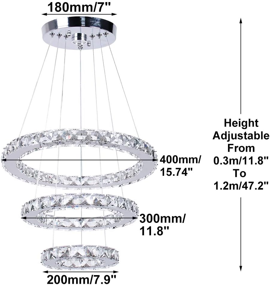 LED Chandeliers Modern Crystal 3 Rings Ceiling Lighting Fixture Adjustable Stainless Steel Pendant Light for Bedroom Living Room Dining Room(Warm White)