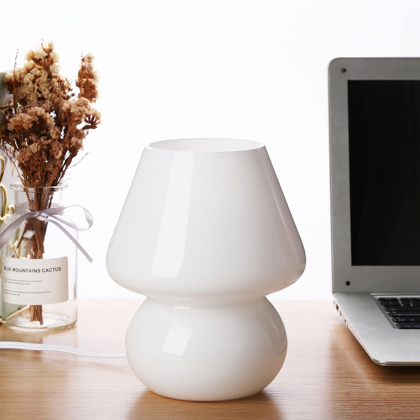 BSOD Mushroom lamp,Glass Mushroom Bedside Table Lamp Translucent Murano Vintage Style Striped Small Nightstand Desklamp Swirl Light for Home Decor, Dining, Living, Bedroom, Gift (Matte White)