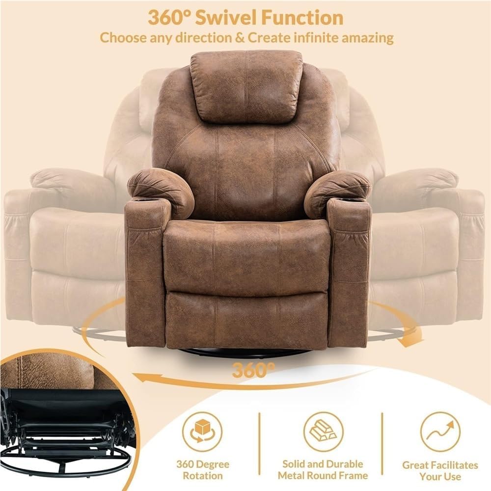 Brown Swivel Glider Recliner Chair for Adults with Heated Massage, Remote Control, Ergonomic Lounge Support, Cup Holders, Rocking and Swivel Function, Living Room Recliner Sofa