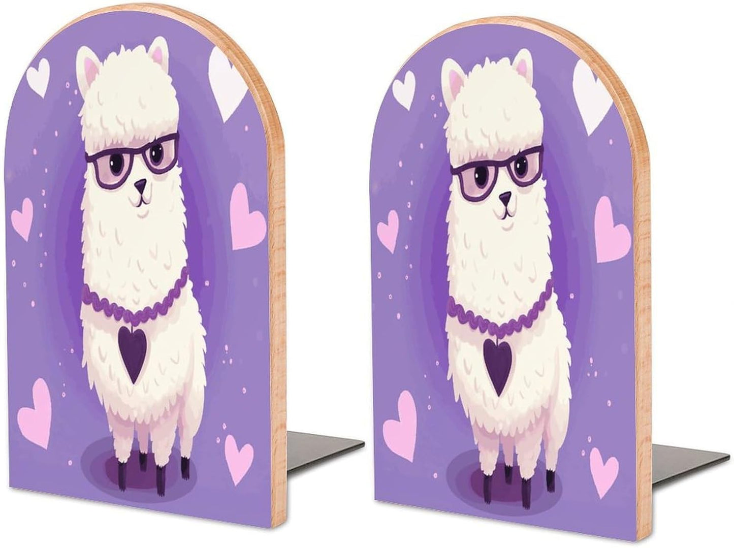 Non-Slip Bookend for Shelves Love Alpaca Purple Wooden Bookends with Metal Base Decorative Book Stopper for Home Heavy Duty Wood Book Storage for Books/CDs