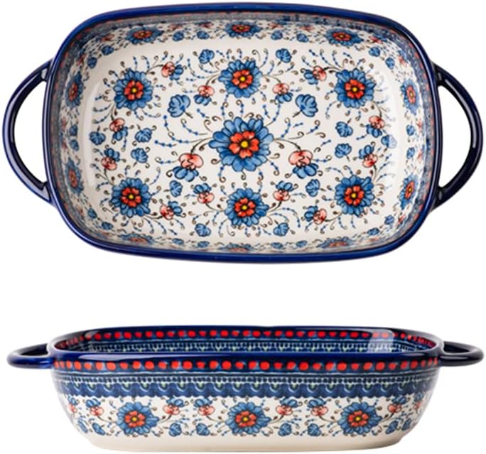 Blue and Orange Flower Vintage Style Ceramic Bakeware Casserole Dish Baking Pan Lasagna Pans with Handles for Oven/Cooking/Kitchen-1 PCS-22 OZ