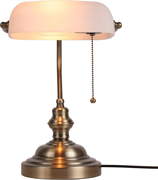 Newrays Glass Bankers Desk Lamp with Pull Chain Switch Plug in Fixture,Satin Brass Finish (White)