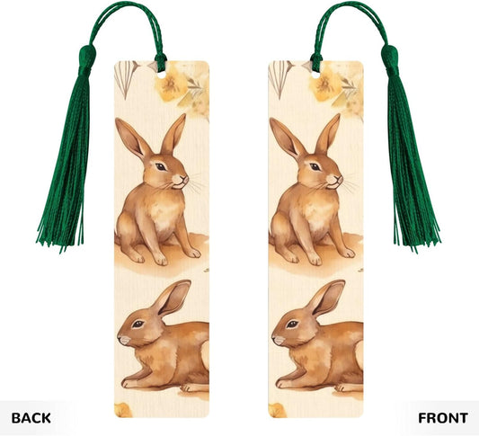Watercolor Bunny Bookmarks Gifts for Women Men, Wooden Bookmarks for Book Lovers, Vintage Book Marks Ornaments with Tassel, Unique Personalized Reading Page Markers Dark Green