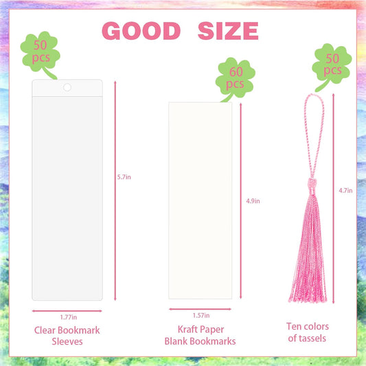 50 Sets Bookmark Making Kit, with 50 Clear Bookmark Sleeves, 50 Colorful Tassels, 60 Kraft Paper Blank Bookmarks, DIY Bookmarks for Party, Decoration, Teaching or Record Reading Experience