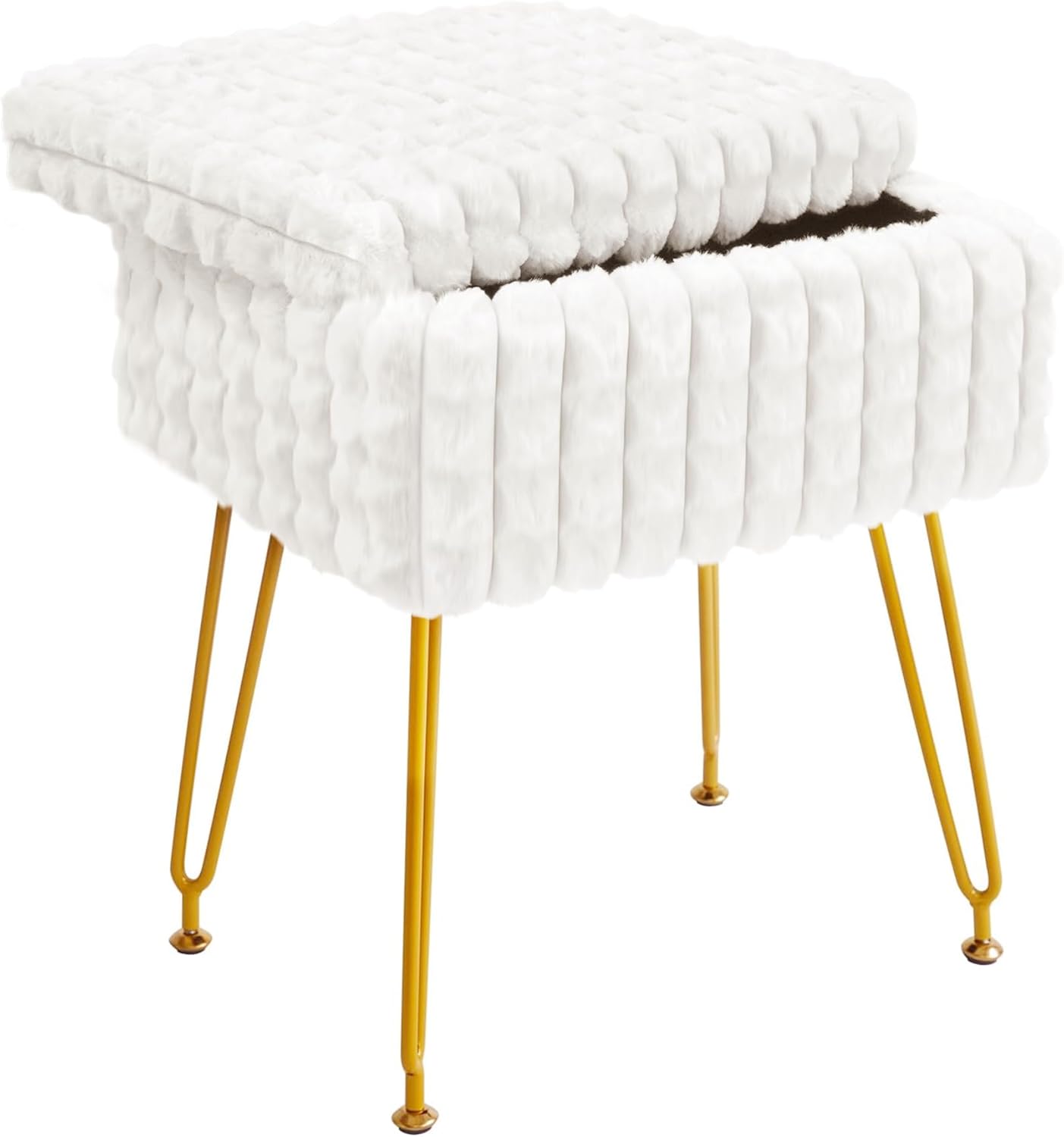 Rectangle Vanity Chair with Storage, Faux Fur Vanity Stool with Anti-Slip Adjustable Feet, Fur Footstool Ottoman for Makeup, Bedroom, Square Grid Pattern, White