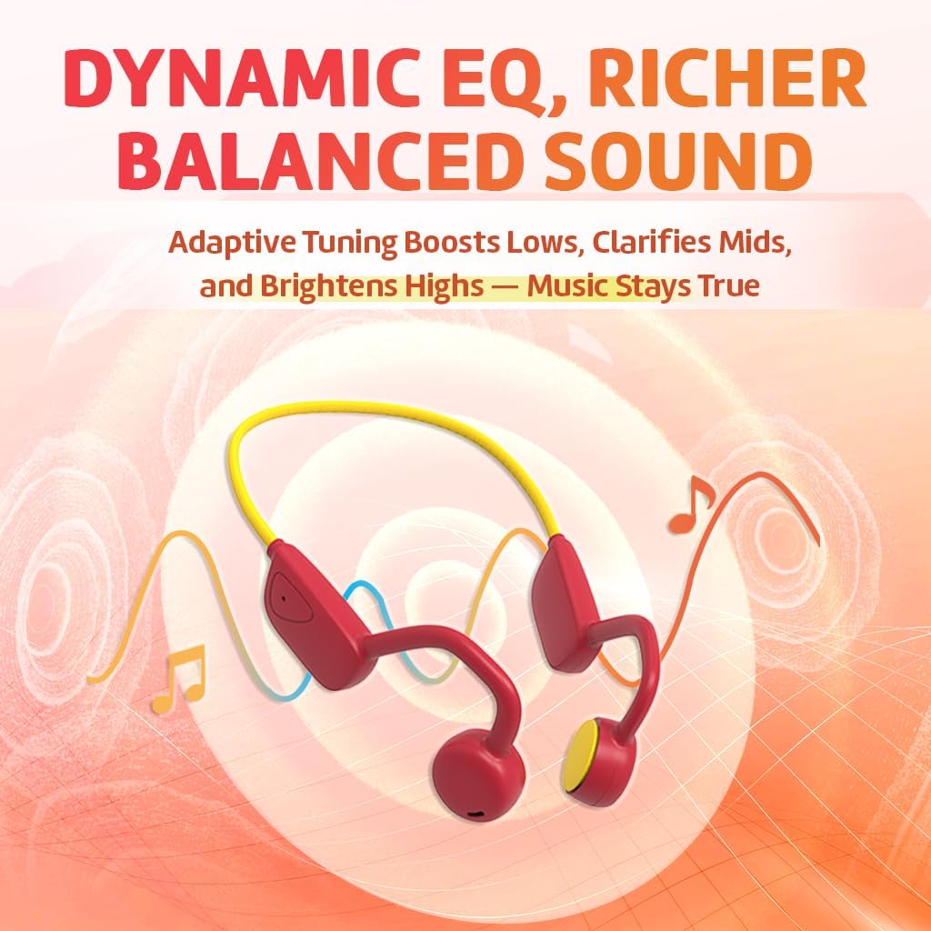 Kids Bluetooth Headphones, Air Conduction Open-Ear Headphones, Mic/Touch, 85dB Limit, Parental Control, Clear Audio, Lightweight, Rugged & Durable, IP54/20H, Earbuds for School/Travel - Red Yellow