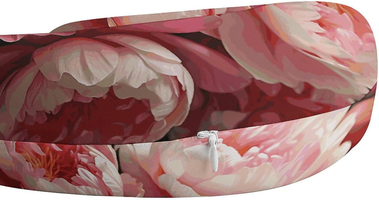 Peony Flowers Blossom Neck Pillow Memory Foam U Shaped Pillows Portable Pillows for Shoulder Travel Head Support Pillow with Concealed Zipper for Airplane Car Home Office