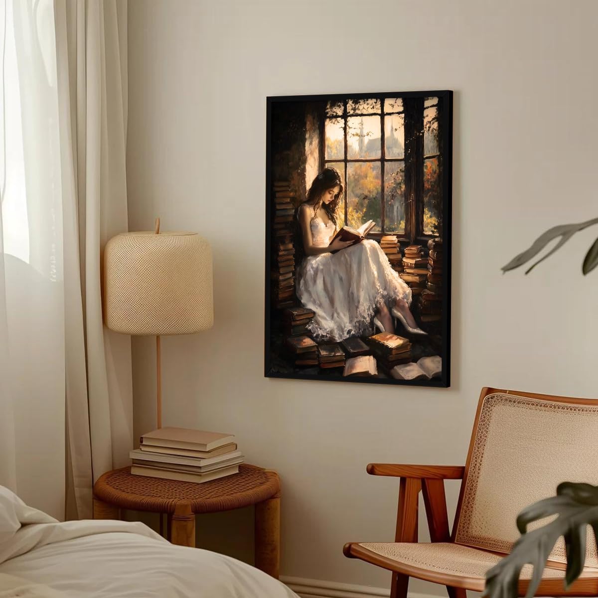 YOZWNGU Victorian Woman Reading Canvas Wall Art, Dark Academia Library Book Nook Poster, Moody Bookish Art Print, Vintage Classic Girl Read In Window Painting Gift for Book Lover 8x12in Unframed