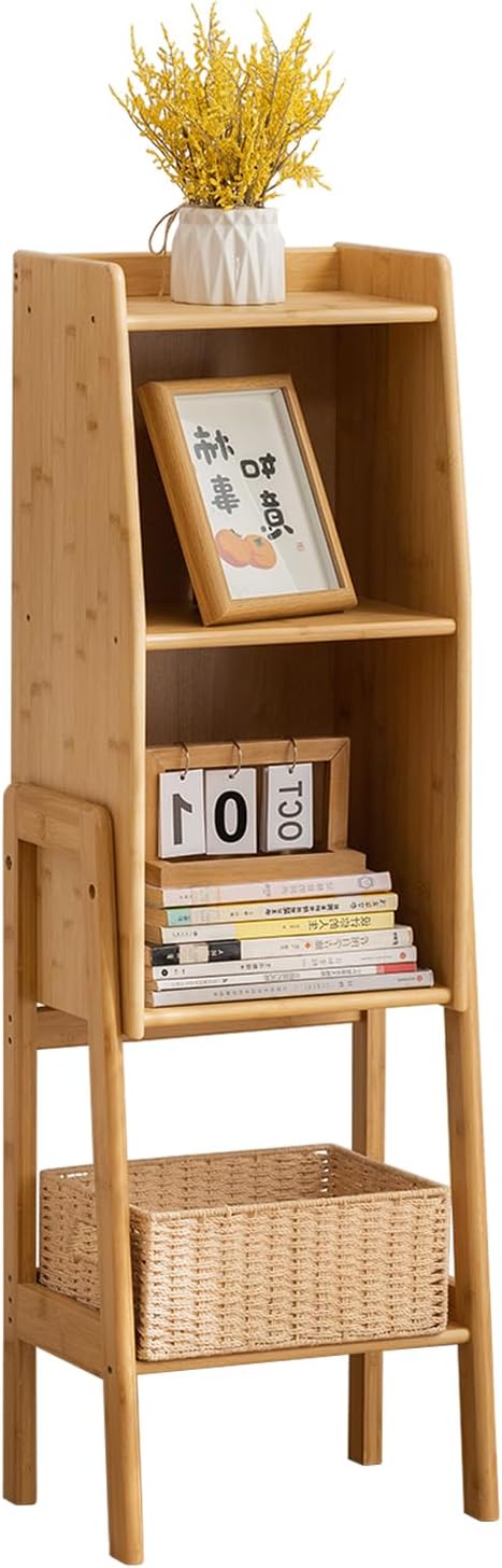 latifolia Bookshelf, 3-Tier Bamboo Bookcase with Bottom Storage Shelving, Narrow Corner Storage Organizer for Modern Living Spaces-Nature