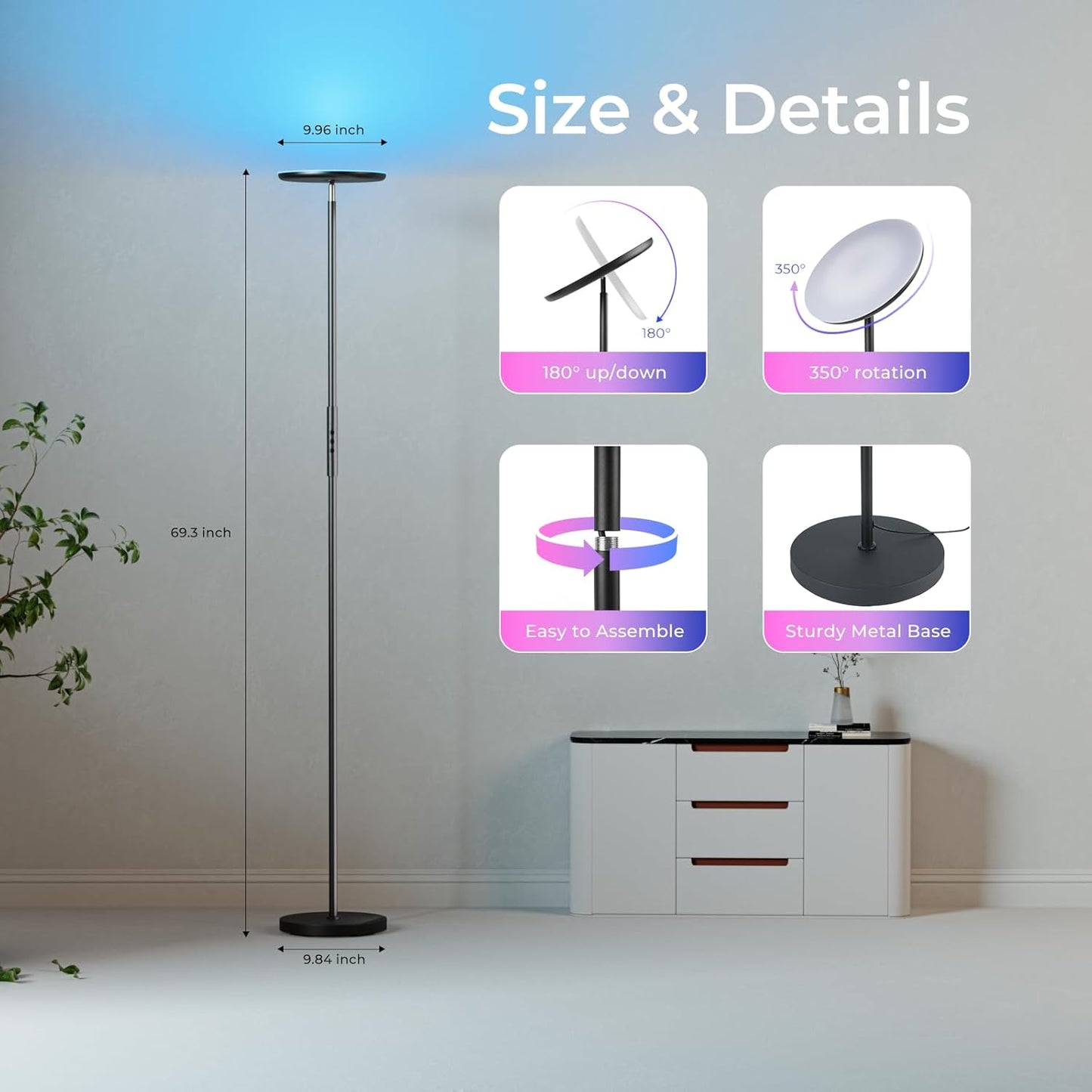 Floor Lamp, 2800LM RGBWW Smart Standing Lamps for Living Room with Smart App & Voice Control, 69.3in Torchiere Floor Lamps Color Changing, 350°Rotating LED Tall Lamp for Bedroom Office Gaming Party
