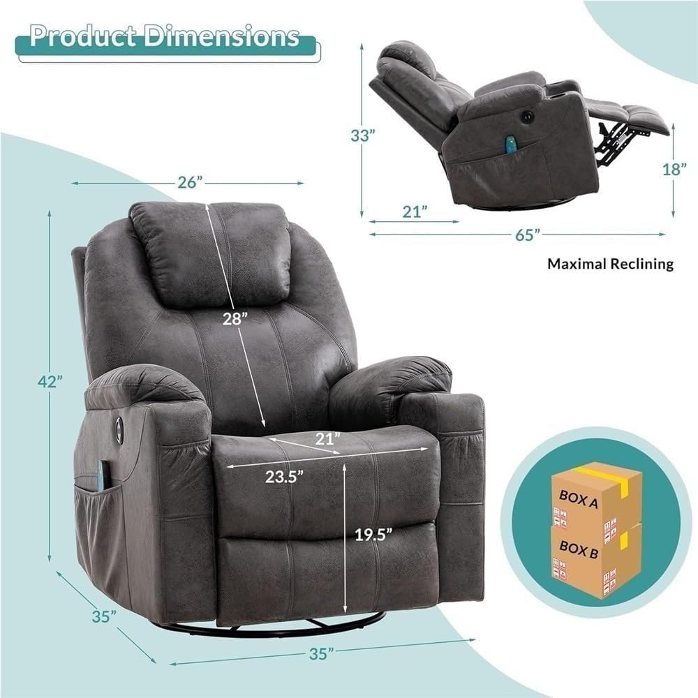 Power Recliner Chair with Massage Heat 360 Swivel Lounge Recliners with USB Ports Cup Holders Ergonomic Glide Rocking Recliner for Home Theater Seating Living Room