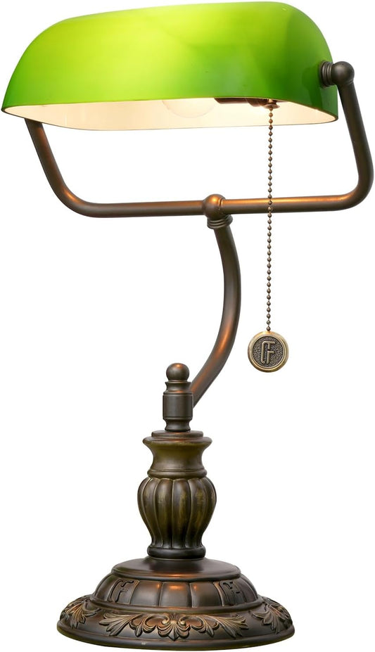 Green Bankers Lamp Vintage Glass Banker's Desk Lamps with Bedroom Bedside Study Zipper Pull Chain Switch LED library Reading Desk Light Retro Office Adjustable Nightstand Aesthetic Antique Table lamp