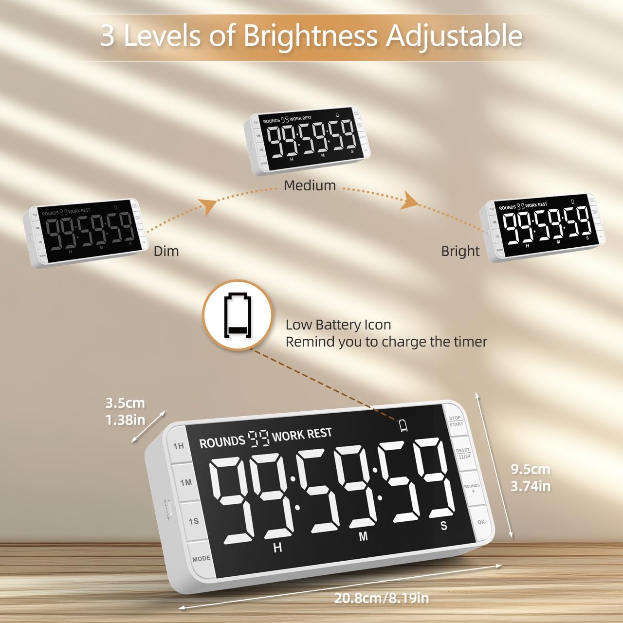 Rechargeable Kitchen Timer - 7.8" Extra Large Display, Magnetic LED, 5 Alarms, 99H Countdown/Countup for Cooking, Classroom, Home Gym