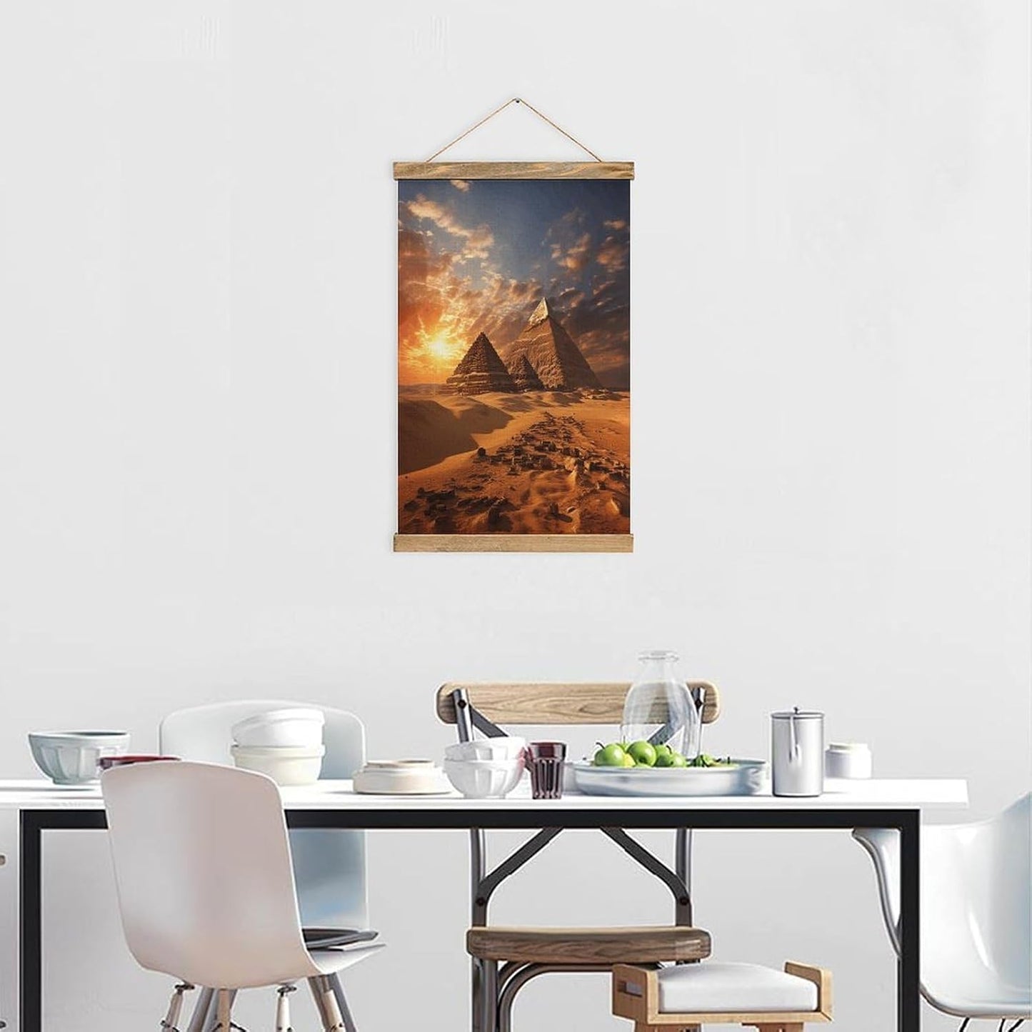 Vintage Egyptian Pyramids Poster with Wooden Frame Personalized Linen Hanging Scroll Painting Rustic Wall Hanging Illustrative Modern Artwork Decor for Home Living Room Bedroom Office