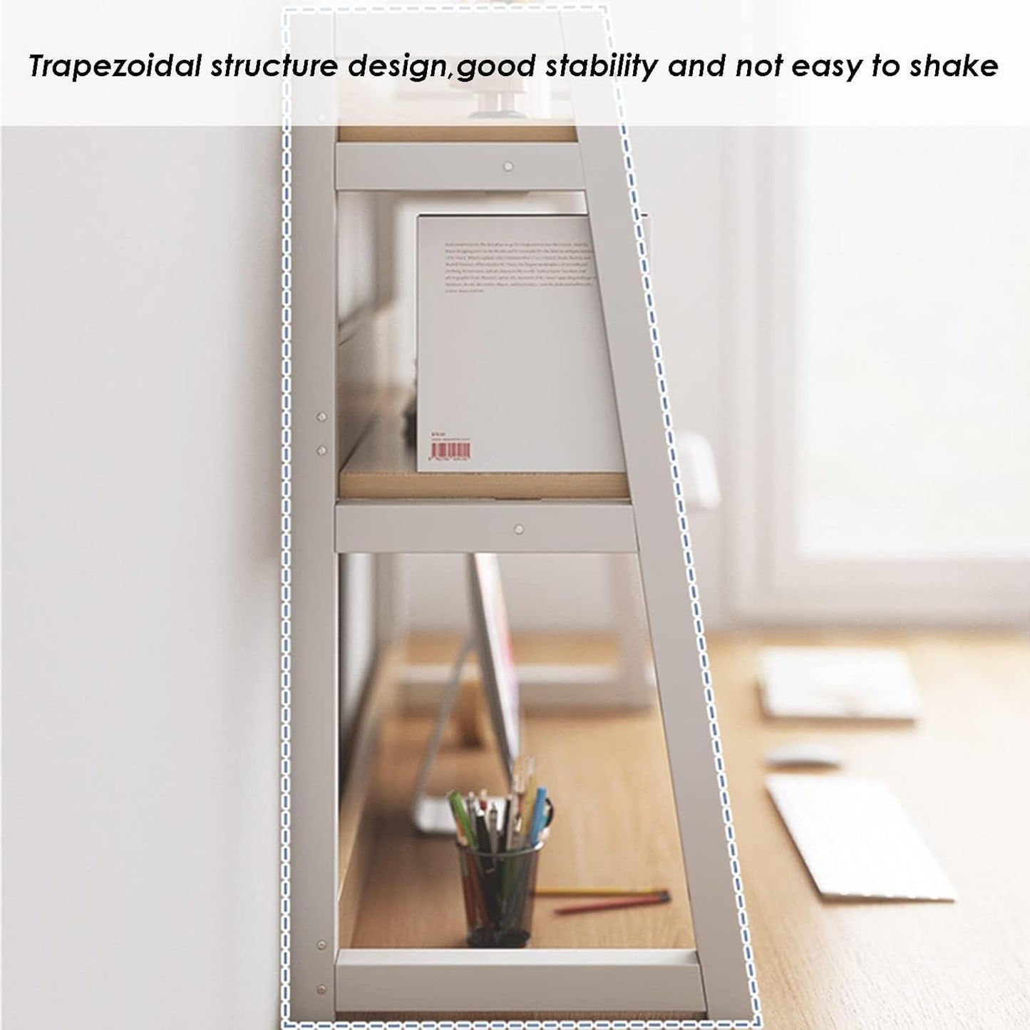 Metal Frame 2-Tier Countertop Hutch Bookcase Organizer – Desktop Bookshelf for Home Office Storage & Display Rack (Size: 95cm) – Modern Industrial Design