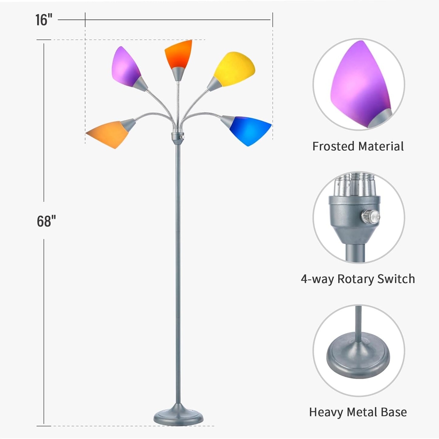 Medusa Floor Lamp, Multi Head 5 Light Floor Lamps for Living Room with 10 Lampshade, Adjustable Neck Reading Standing Lamp for Bedroom,Office,Kids,Classroom (Sliver)