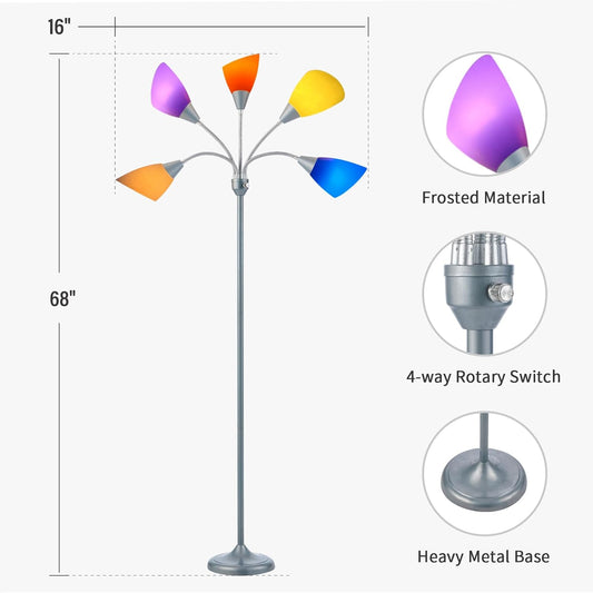 Medusa Floor Lamp, Multi Head 5 Light Floor Lamps for Living Room with 10 Lampshade, Adjustable Neck Reading Standing Lamp for Bedroom,Office,Kids,Classroom (Sliver)