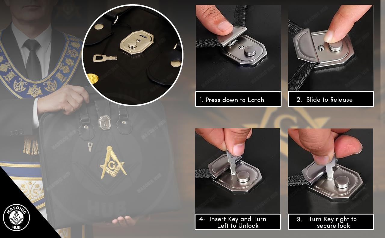 Masonic Hub Hand Embroidered Square & Compass Masonic Apron Carrying Case – Hard Sided Carrying Case with Handle, Lock & Key – Fits Master Mason Apron & Chain Collar (Black)