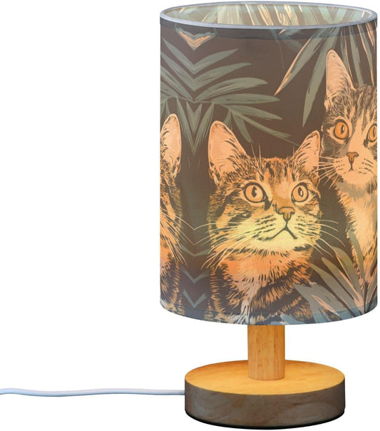 Couple Cat Bedside Table Lamp for Bedroom, Minimalist Nightstand Lamp with Round Fabric Shade for Living Room, Office, No Bulb Required