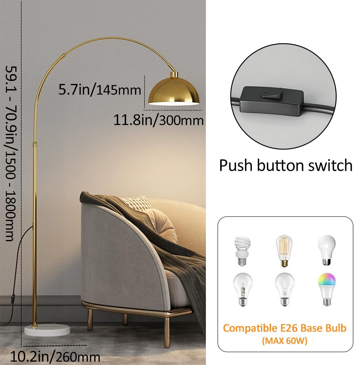 70.9" Arc Floor Lamps for Living Room Gold Floor Lamp Adjustable Height Standing Lamp with Metal Hanging Dome Shade Over Couch Arched Reading Light for Dining Room Classroom