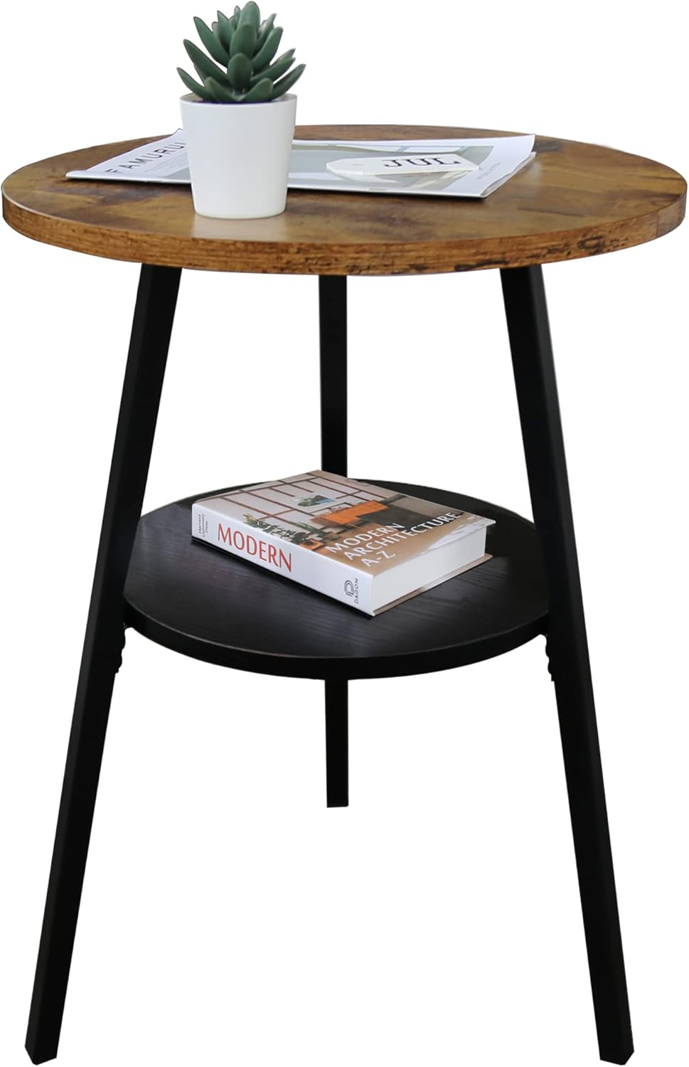 INHABIT UNION End Table, 2 Tier Round Side Table with Metal Frame, Industrial Nightstand Bedside Coffee Accent Table for Living Room Bedroom Small Space, Rustic Brown，15.4" D x 21.6" H