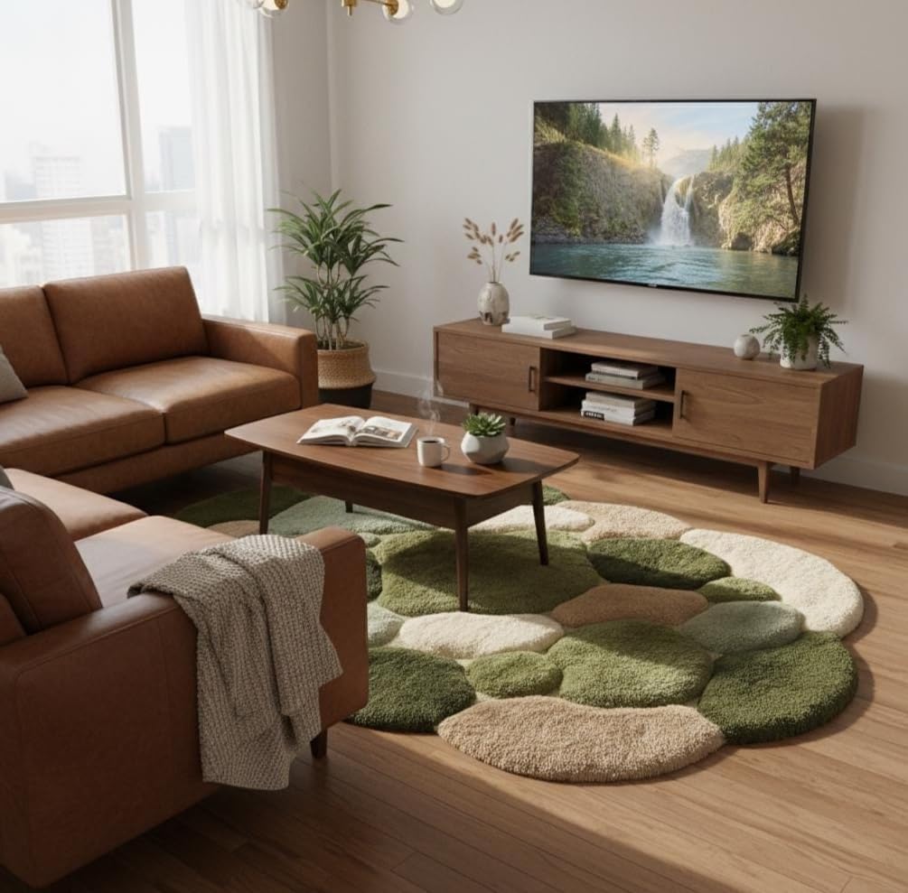 3D Pebble Stone Area Rug, Green Beige and Blush, Fluffy Tufted, Irregular Shape, Living Room Decor (Green with Olive Green, 10' x 14' Feet)