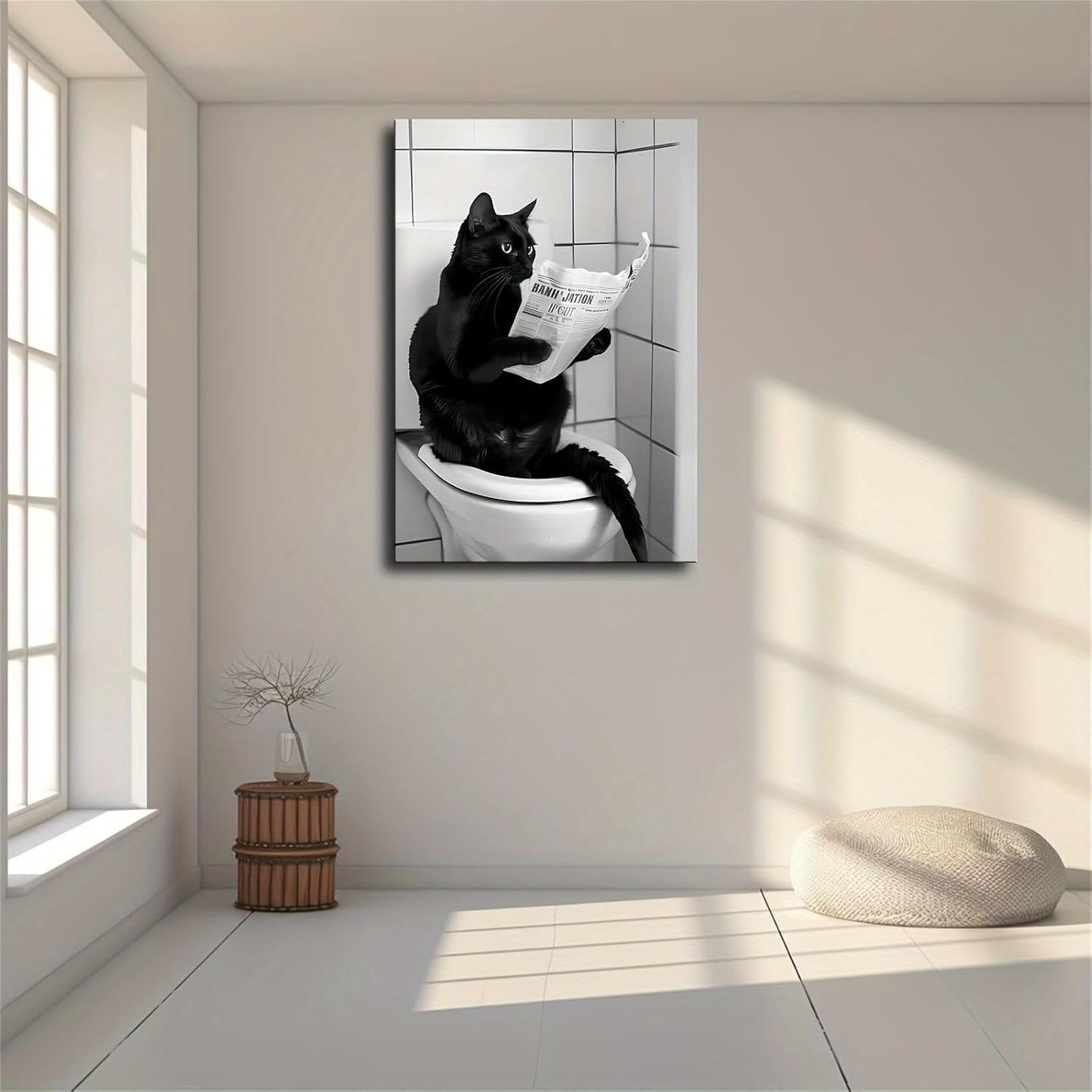 Black Cat Reading Newspaper Animal Funny Toilet Canvas Wall Prints poster Modern Home Aesthetic Decor Wall art for Bedroom Dorm (20x30inch Framed)