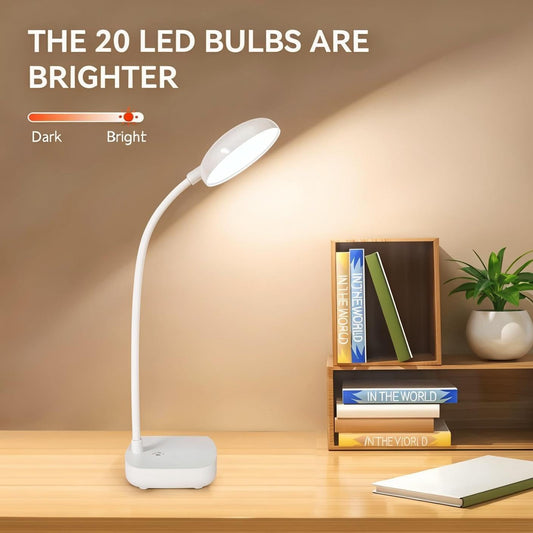 White Small Battery Powered Desk Lamp,Battery operated lamp,5W Rechargeable desk light,3 Colors,Adjustable brightness,360°Gooseneck Hose,Cordless lamps for small spaces,Eye-friendly and Energy Saving