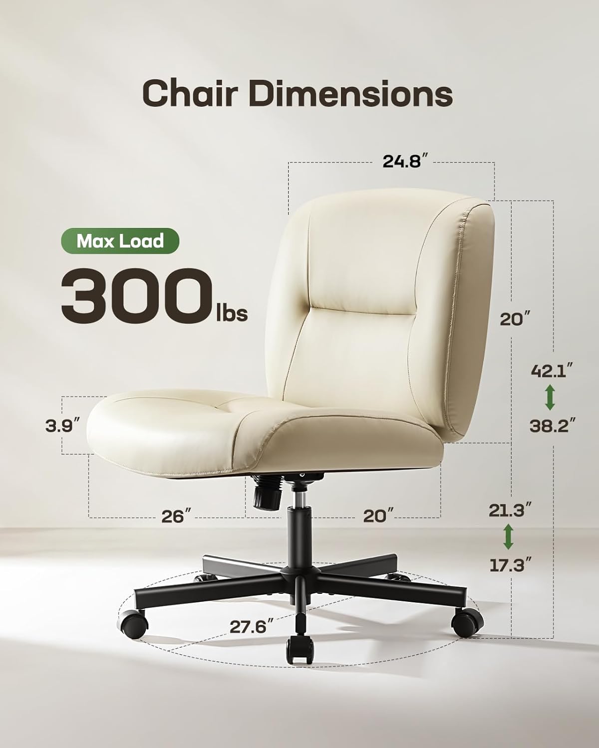 Marsail Modern Criss Cross Office Chair with Wheels, Armless, White PVC Leather, 26" W x 20" D x 42.1" H, 300 lbs Capacity, Ergonomic, Comfortable, Home Office, Computer, Reading, Relaxing, Drafting