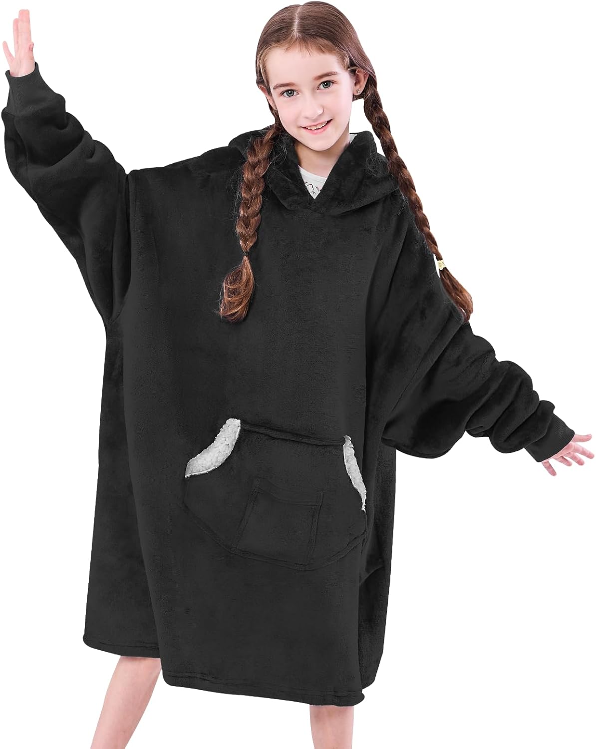 Wearable Blanket Hoodie for Kids & Teens 6-13 Year Old, Oversized Sherpa Fleece Sweatshirt with Pocket, Soft Cozy Hooded Blankets Christmas Birthday Gift for Boys and Girls, Black
