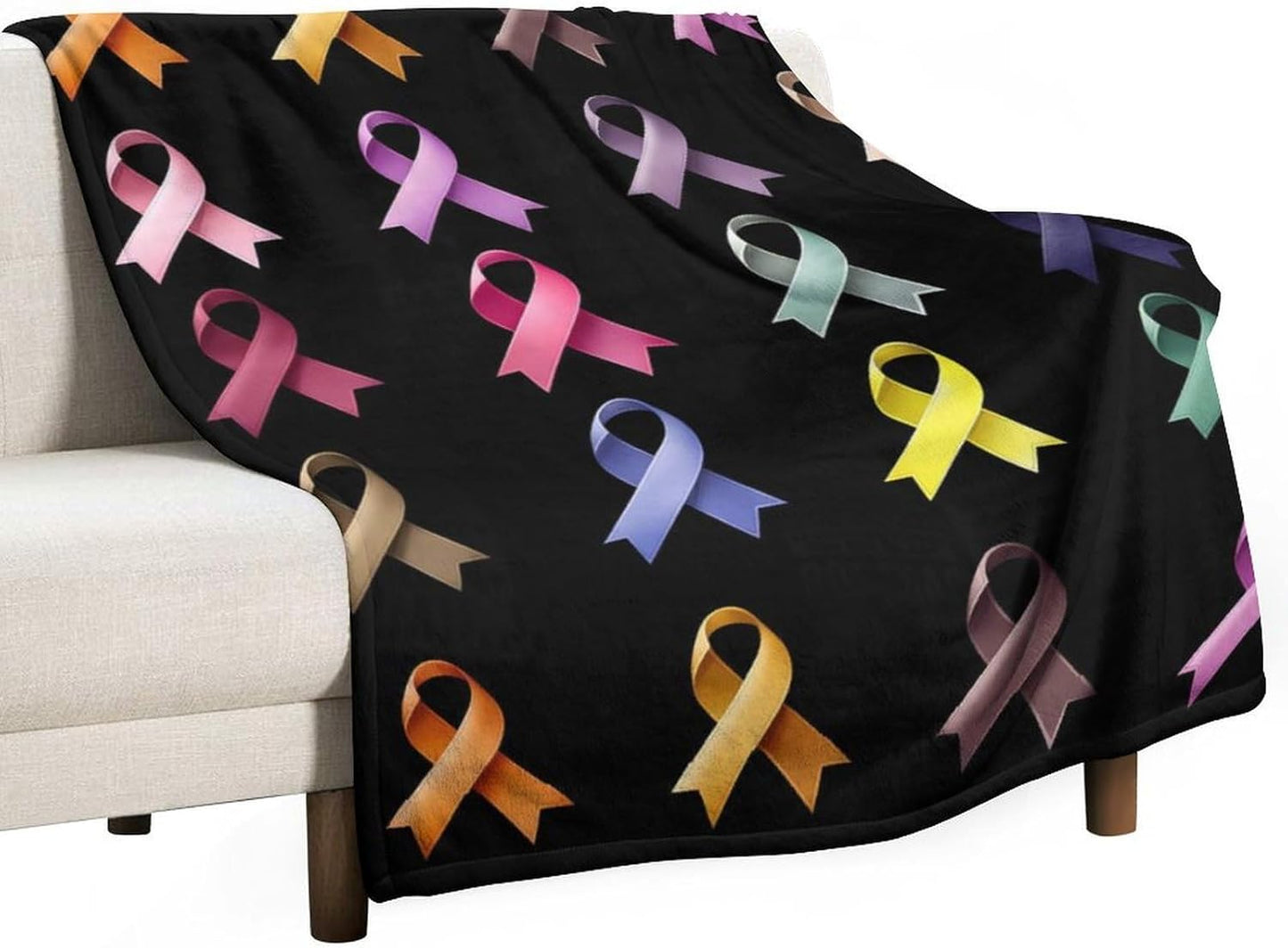 Colorful Breast Cancer Awareness Ribbon Throw Blanket for Couch Bed Plush Cozy Fuzzy Flannel Blanket for All Season 66"x90"