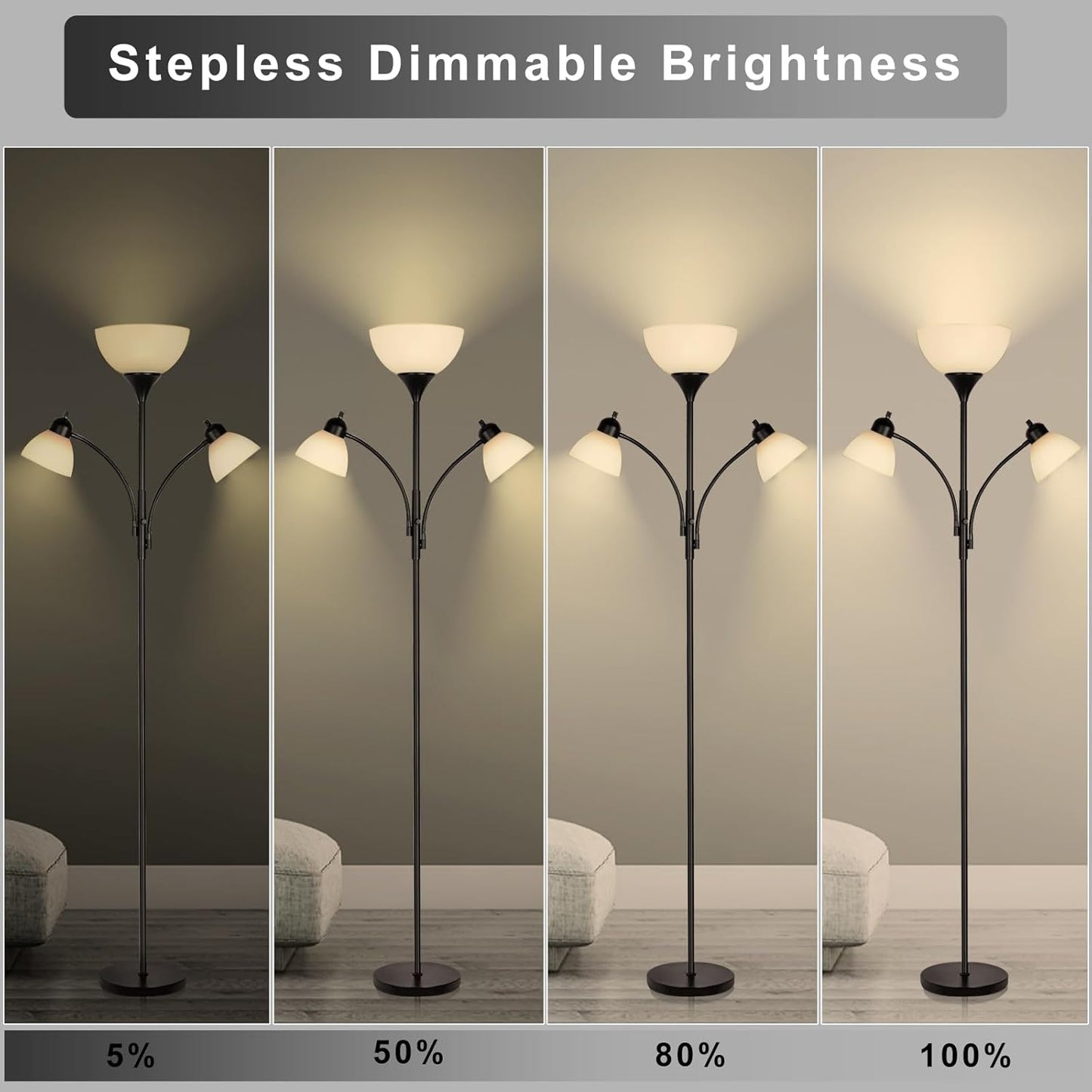 Floor Lamps for Living Room,Standing Lamp with Stepless Dimming, 3 Lights Adjustable Reading Lights, Morden Tall Lamps for Living Room, Bedroom, Office