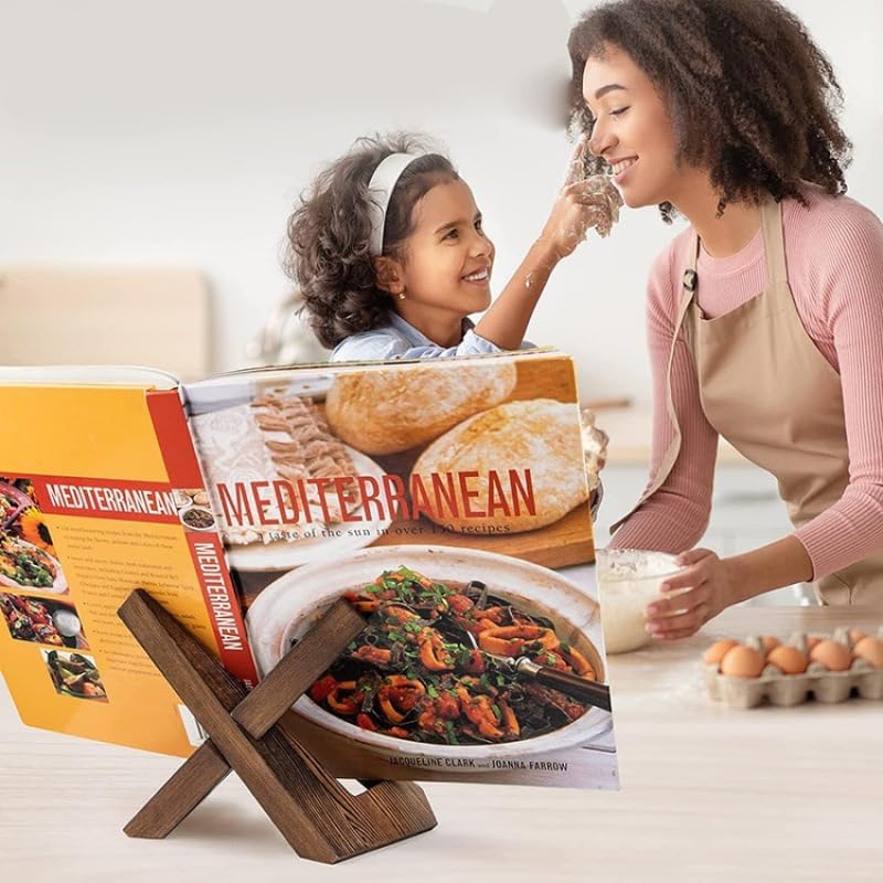 Wooden Cookbook Stand for Kitchen Counter, Rustic Brown Recipe Book Holder, Multifunctional Display Stand for Cooking & Decor