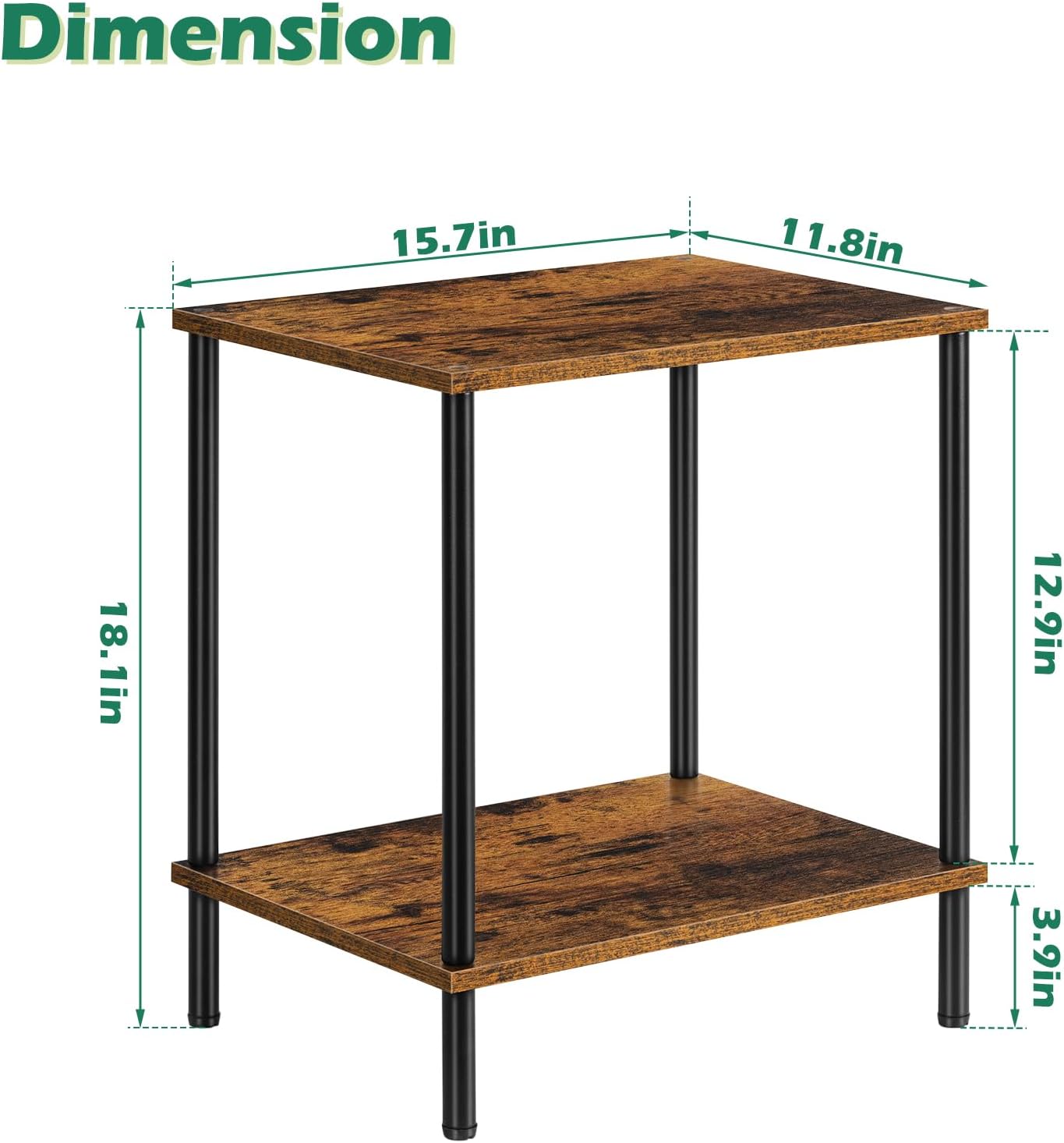 Small End Table 2 Tier Wood Metal Rustic Side Table Living Room with Storage Shelf Narrow Bedside Table for Small Spaces Bedroom Office, Brown