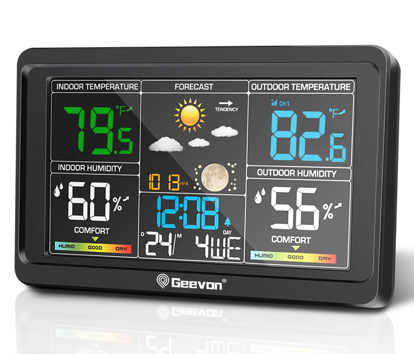 Geevon Weather Stations Wireless Indoor Outdoor Thermometer, Color VA Display Digital Weather Thermometer, Temperature Humidity Monitor with Barometer, Calendar, and Adjustable Backlight