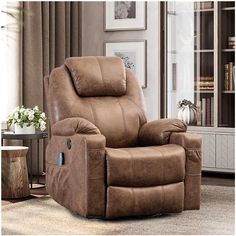 Oversized Swivel Rocker Recliner Chair with Heat and Massage, 360° Swivel Glider Recliner for Adults, Comfortable Ergonomic Reclining Chair with Cup Holders for Home Theater