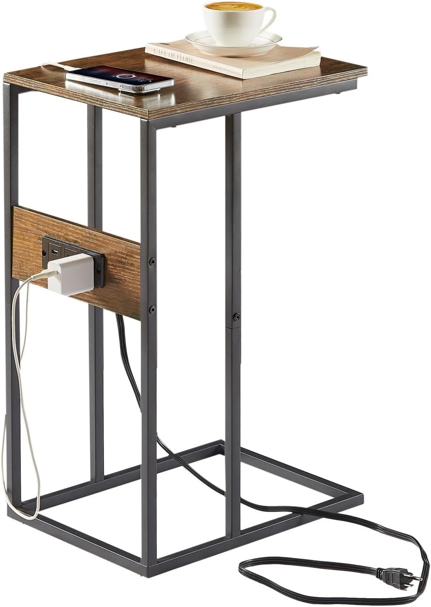 BUDOME C Shaped Side Table with Charging Station, End Table with Outlets, Sofa Table with USB C Ports, C Table with Premium Surface and Metal Frame for Living Room