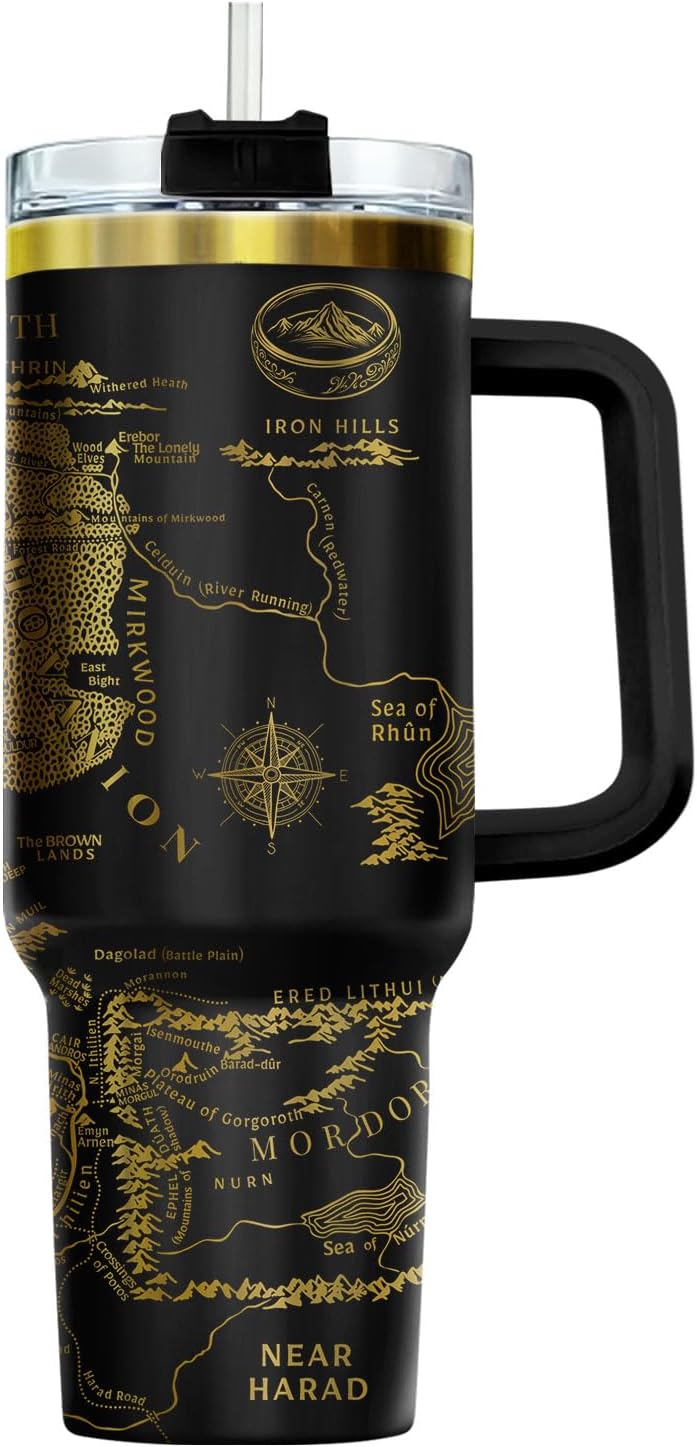 Fantasy Map Laser Engraved Tumbler 40oz Stainless Steel with Handle and Straw Epic Bookish Travel Cup Gold Engraving Gift for Fantasy Lovers Men Women