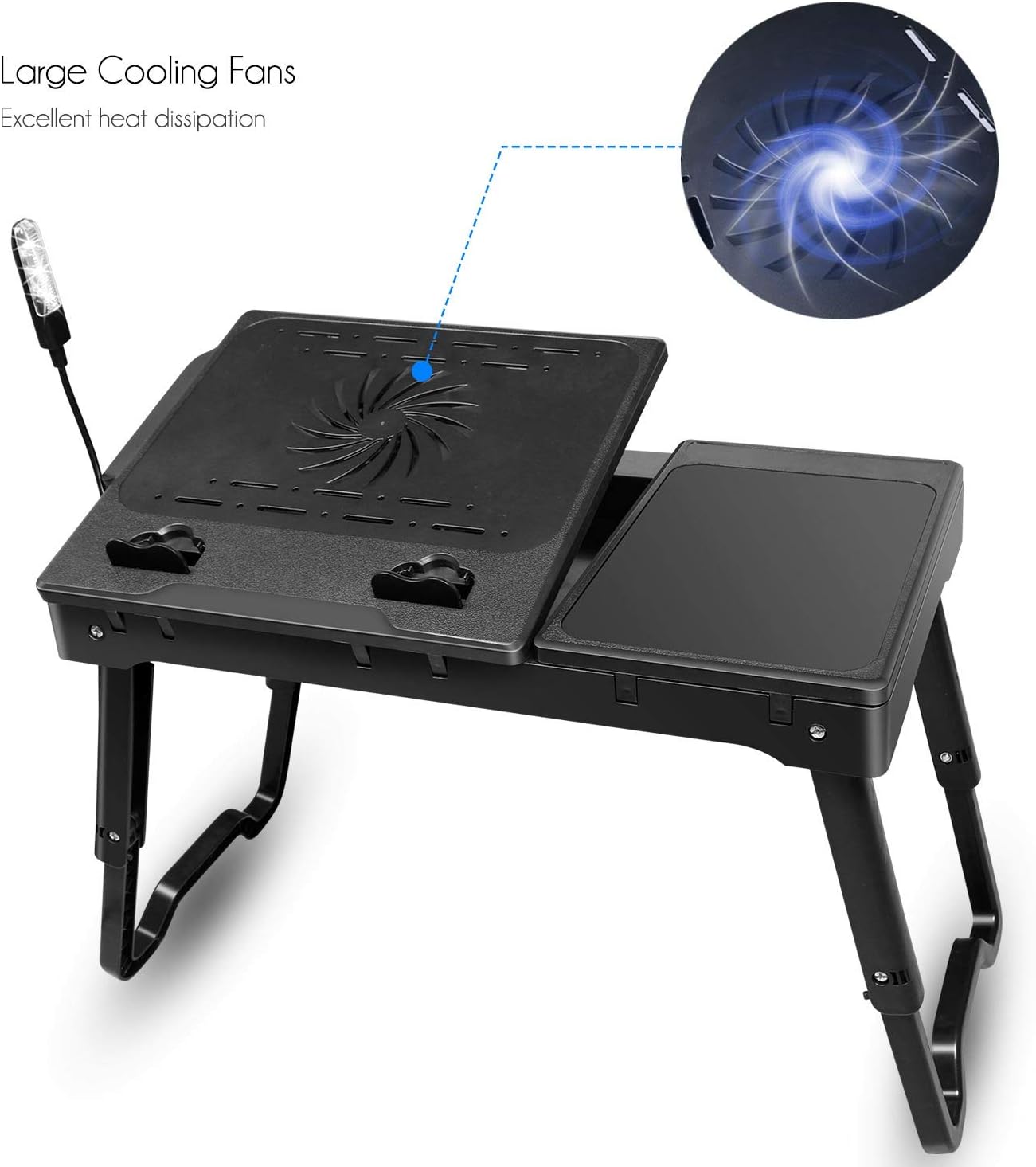 Moclever Laptop Bed Stand – Adjustable Laptop Table with Cooling Fan, Foldable Laptop Desk with USB Hub, LED Light & Storage – Multi-Functional Computer Tray for Bed, Sofa, Home, and Office