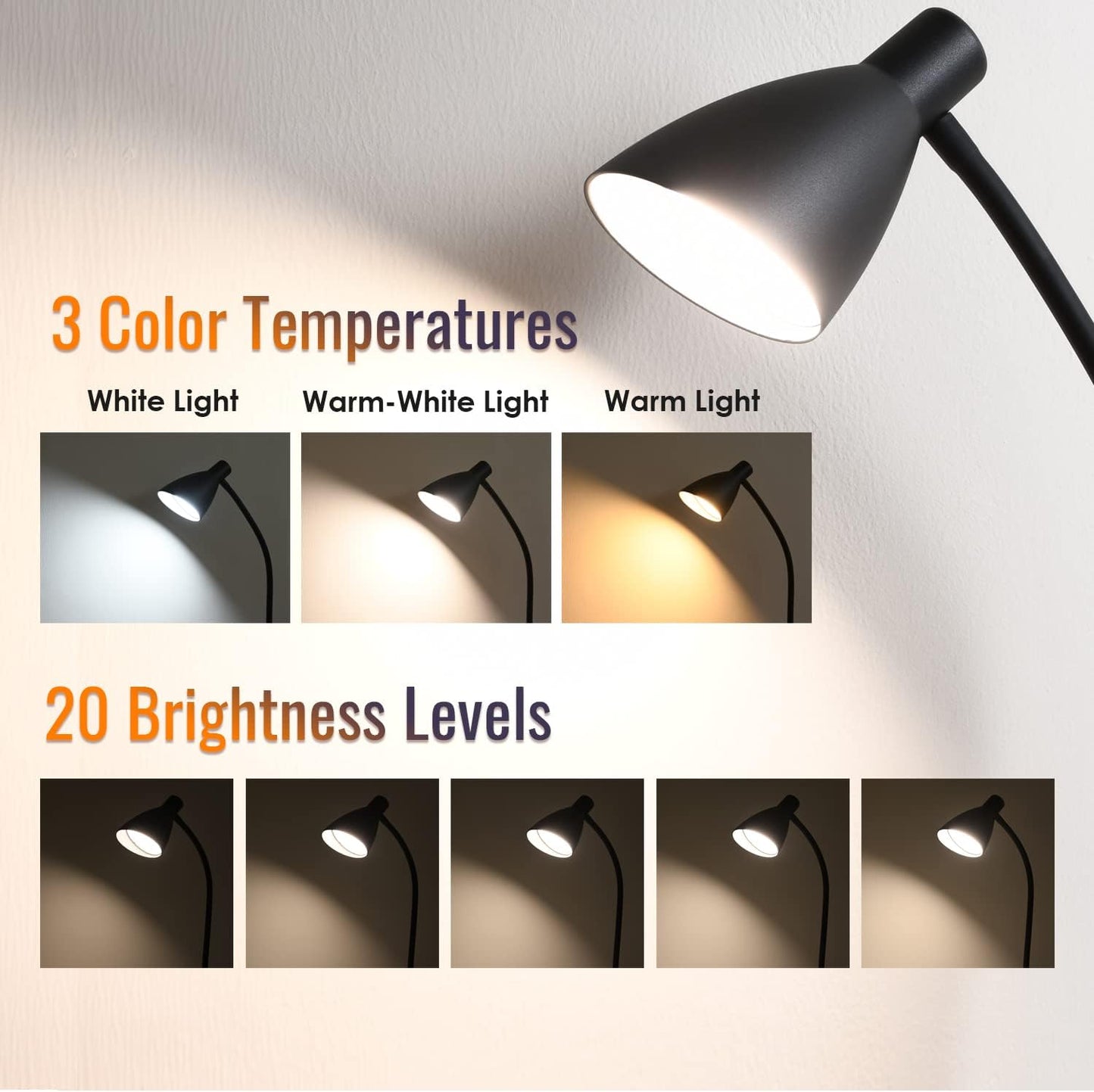 LED Desk Lamp, Desk Light with USB Charger, 3 Color Temperature and 20 Brightness Levels, Eye-Caring Metal Desk Light for Office and Bedroom, 10W, 1000 Lumens, Adapter Included (Black)