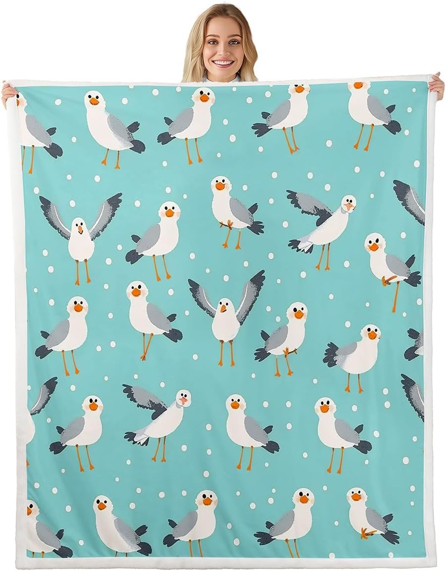 Feelyou Kids Seagull Throw Blanket Cute Ocean Animal Sherpa Blanket for Girls Boys Bedroom Teal Blue Marine Sea Bird Decor Fleece Blanket White Polka Dots Fuzzy Plush Blanket Throw 50"x60"