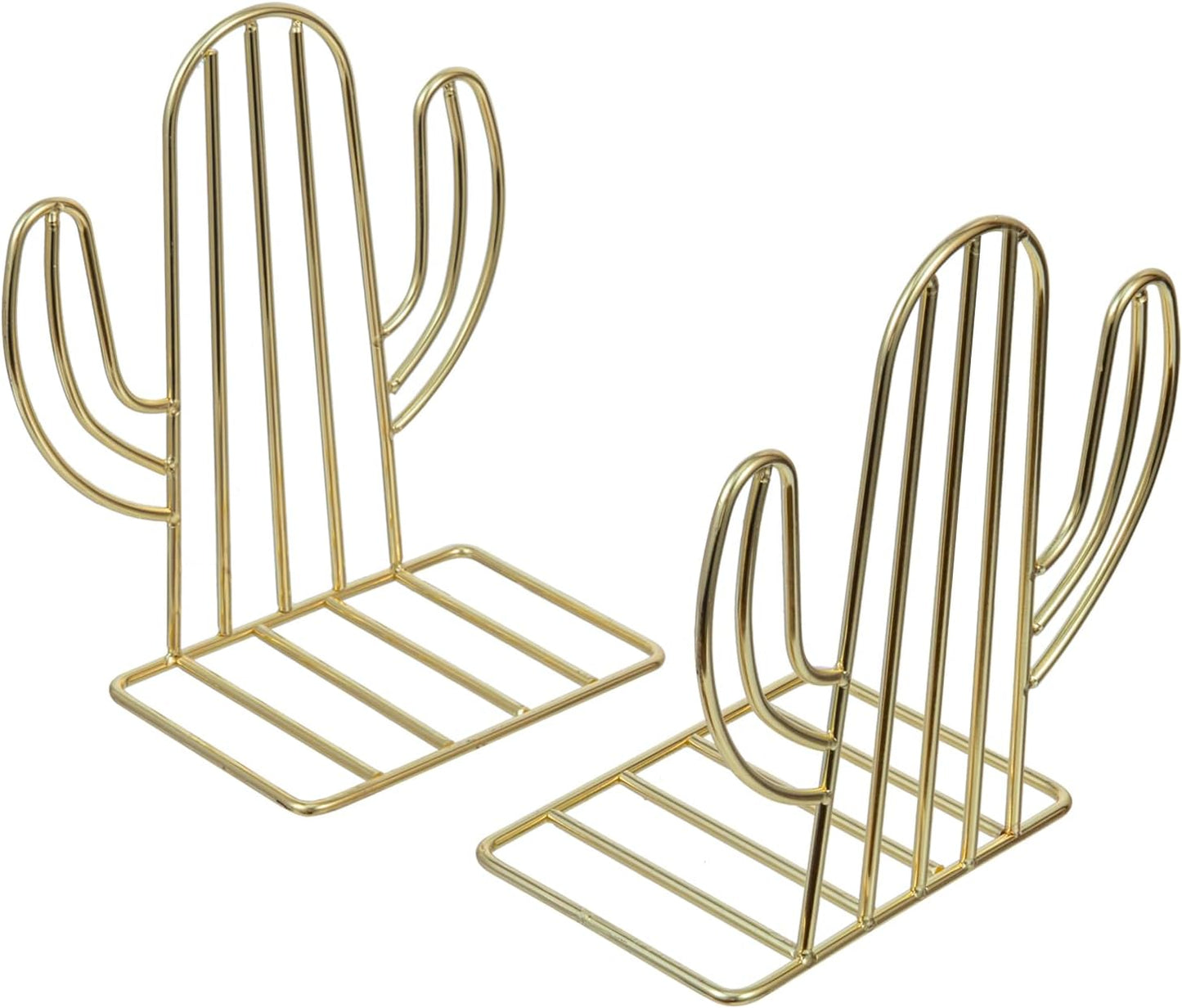 MyGift Modern Brass Tone Bookends, Southwest Desert Style Sagauro Shaped Decorative Book Ends Stands for Home Office Desk School Bookshelf, Metal Wire Cactus Design,1 Pair