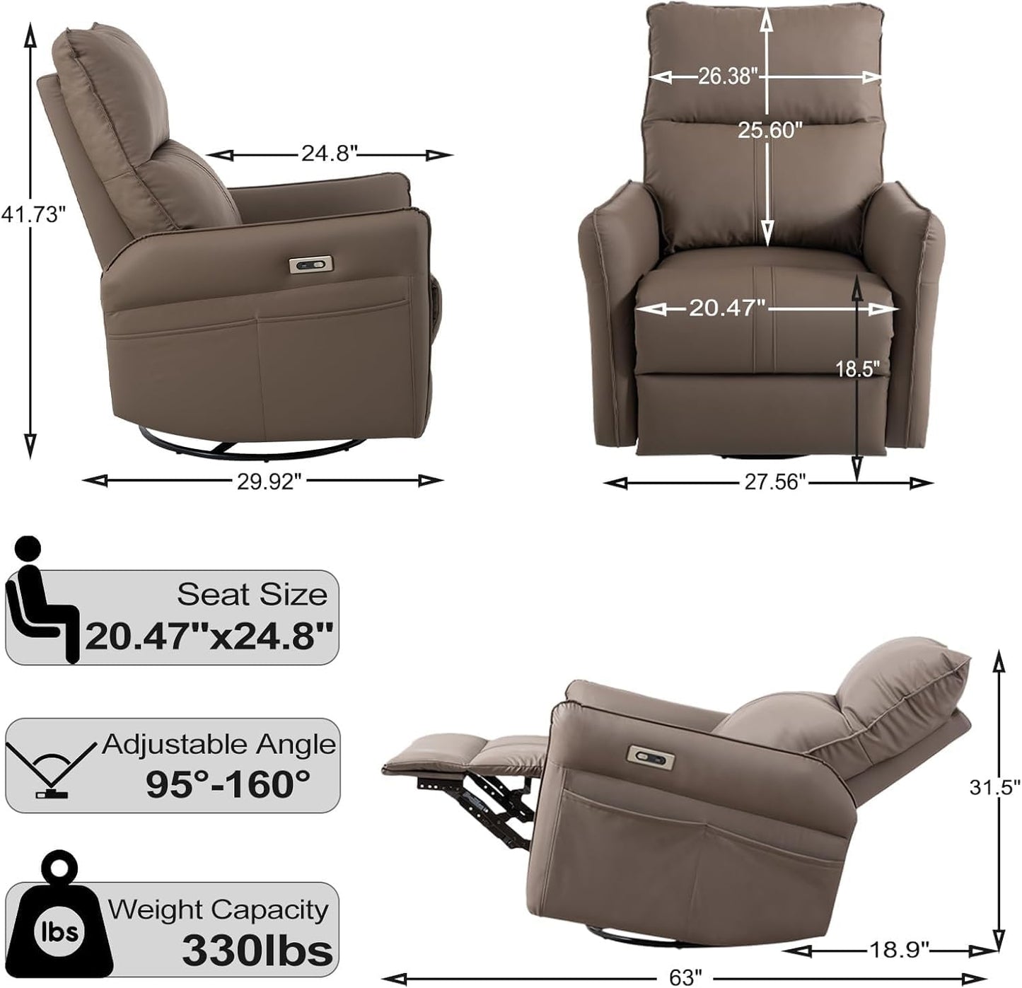 Power Swivel Rocker Recliner Chair with Charging Port, 270° Swivel Electric Recliner Chair, Comfortable Leather Reclining Chair, Brown Upholstered Power Recliner Sofa