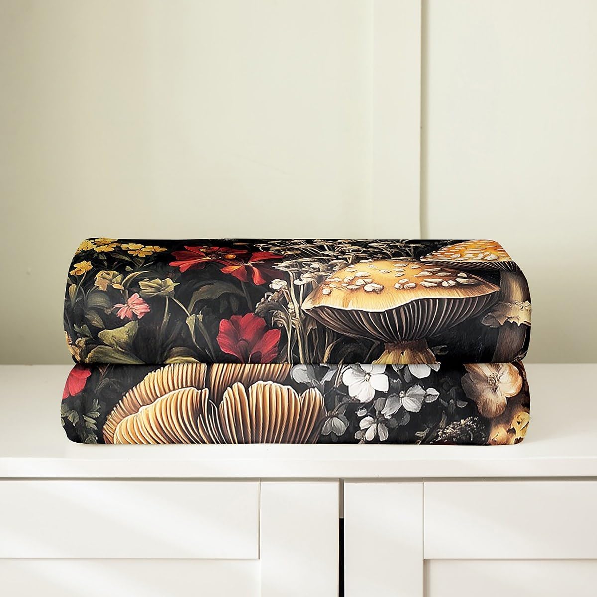 3D Mushroom Printed Throw Blanket Queen 90x90,Mushroom Decor Curtain Blanket,Bohemian Boho Plant Floral Flannel,Wild Botanical Fungus Jungle Room Decor for Adults Girls Women,Black,Soft Lightweight